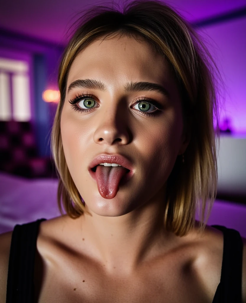 (ultra realistic),Photo, high quality, аналоговая Photoграфия Ahegao , (low lighting), (neon atmosphere) light background ,portrait, 1 girl, Ahegao, blonde,(hair in a bun on top) , view from above, detailed eyes, (ultra detailed) make her naked no clothes