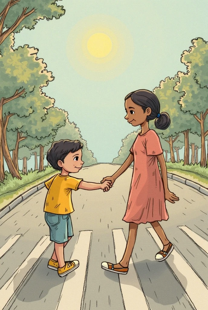 drawing of an elegant model woman in heels, dark-skinned with long, straight black hair, holding the hand of a child of approximately 9 years old, walking towards a beautiful path with a pink background and seeing her from behind