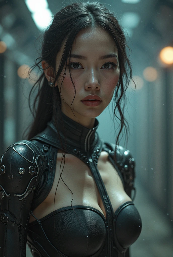 A beautiful  Christina Chong beautiful face, narrowed eyes. smirk. black braided hair with narrowed eyes, a smirk, and black braided hair, wearing an intricate ornate chrome bodysuit, hostile assassin, 1girl, beautiful detailed eyes, beautiful detailed lips, extremely detailed eyes and face, long eyelashes, cinematic lighting, hyper realistic, 8k, high quality, masterpiece, photorealistic, professional, sharp focus, vivid colors, dark sci-fi, cyberpunk, advanced technology
