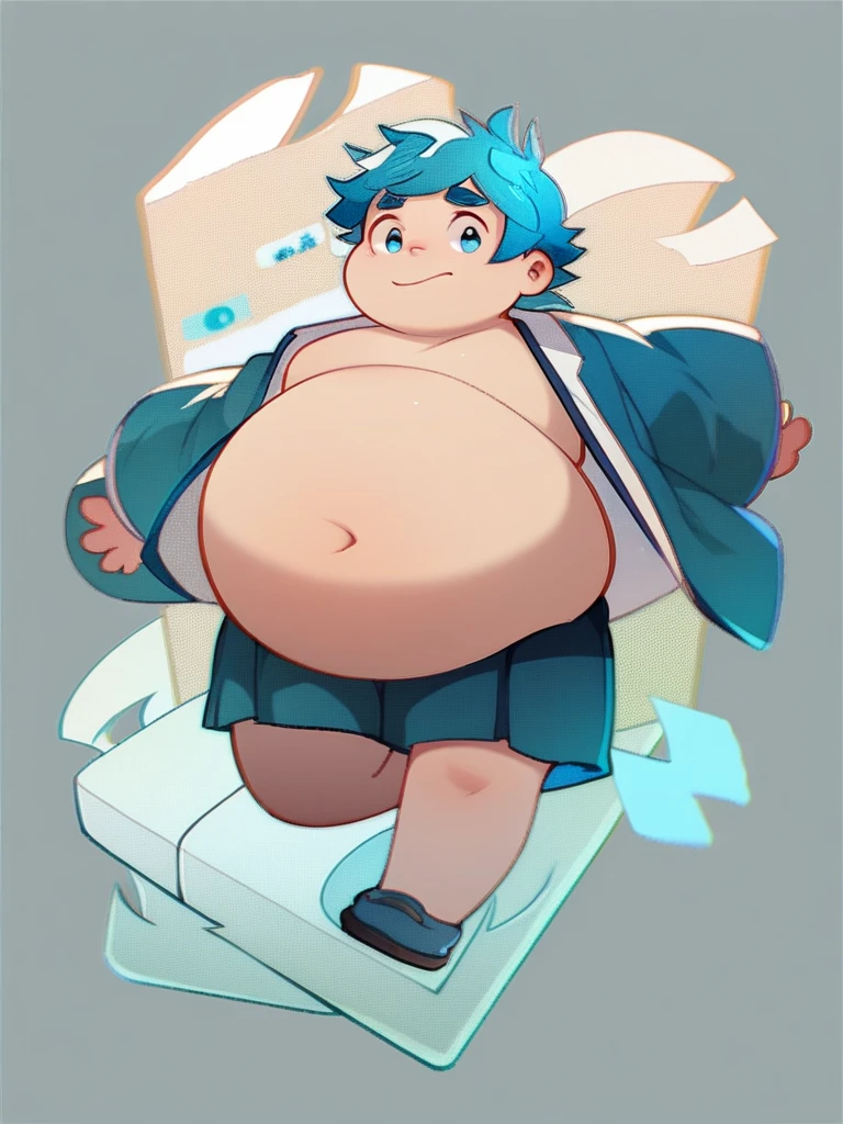 Full Body Blue, Body Noise-Sensing, as a computer folder, Wearing School Uniform,  chubby , cute, with a big belly to reveal clothes, junior high school student, Fatty,  No Glasses , With hair, Overweight, Big belly