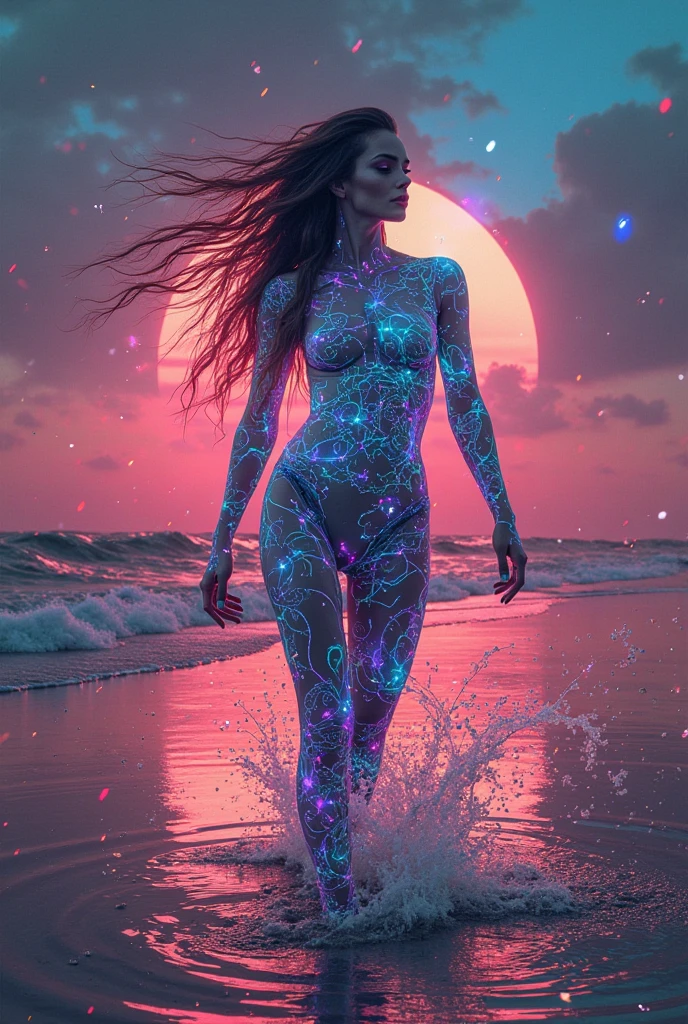 (Full body shot), an extremely detailed photorealistic photograph of a very beautiful Caucasian woman posing sexually (showing her entire body) on the beach, straight dark rainbow colored hair, (Beautiful Feet), wearing a futuristic dark multicolored string bikini 👙, visually rich, emotionally confident, detailed environment, fantastical, imaginative, visually rich, atmospheric, vibrant lighting, uhd, high resolution, 8k, photorealistic, intricate masterpiece, best quality, best detail, Fujifilm XT4