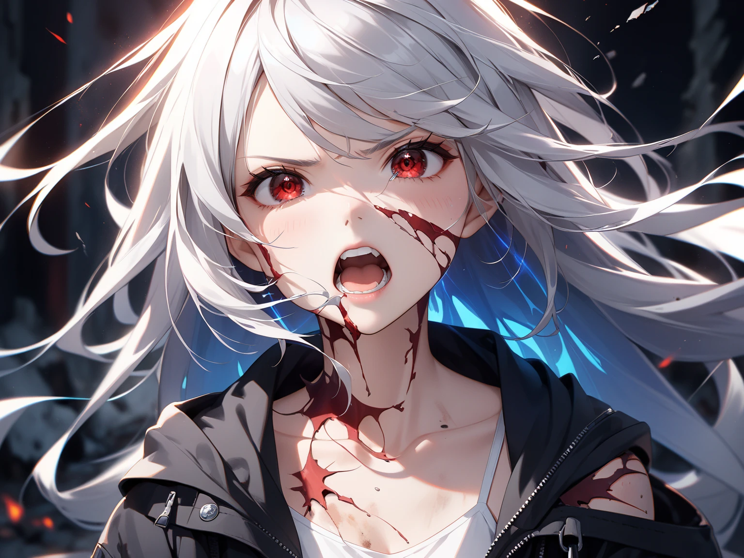 masterpiece, best quality, 1 girl, supine, lying face down on the floor, pale skin, messy hair, red eyes, glowing eyes, creepy, creepy smile, crazy expression, blood on face, blood on clothes, naked, creepy, scary, blood, horror, light particles, night, iron bracelets with chains