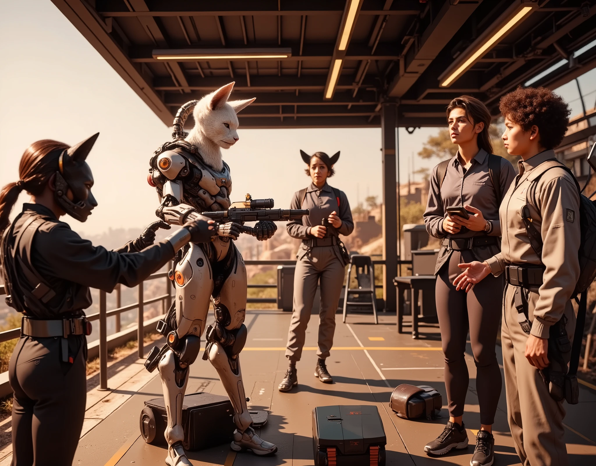 Outdoor Training Facilities,training teaching robot,a cat-headed student receiving instruction,A student with a goat head in Dubai、Big Muscular Female Students With ,(Highest Quality,4K,8k,high resolution,masterpiece:1.2),ultra detailed,(realistic,photorealistic,photo-realistic:1.37),high resolution,Studio Lights,Highly Detailed Faces and Bodies, Portrait,cinematic lighting,dramatic lighting,warm color,dramatic colors,Overlooking