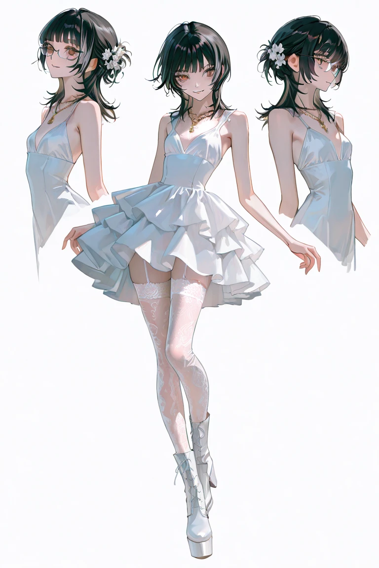 ((masterpiece)),(((Highest quality))),((((Character design sheet)))),Thin thighs,Long legs,Highest quality,masterpiece,Ultra-high resolution,(Actual:1.4),Original photo,Ultra-high resolution,8k,There are women,Fair skin,Big wave diamond White and pink collaboration dress:1.5,High heels,Long legs:1.5,Bright and beautiful,high waist,Flashy makeup using red eyeshadow,