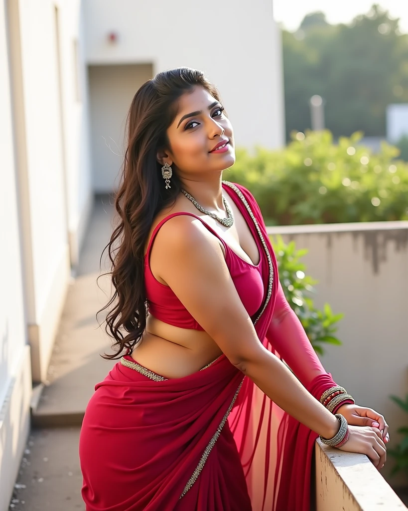 : A sensual portrait of a voluptuous Indian woman draped in a vibrant bra penty, her curvaceous figure accentuated by the fabric, showcasing her confidence and allure. The woman stands against a backdrop of a traditional Indian courtyard adorned with colorful flowers and intricate carvings, creating a visually captivating setting. The atmosphere is filled with a warm, golden sunlight, casting soft shadows that highlight the woman's features and the delicate details of her attire. The style for this image is a realistic and vibrant photograph, captured with a high-quality DSLR camera using a portrait lens (e.g., 85mm) to beautifully render the subject's features and the textures of the saree. --ar 9:16 --v 5