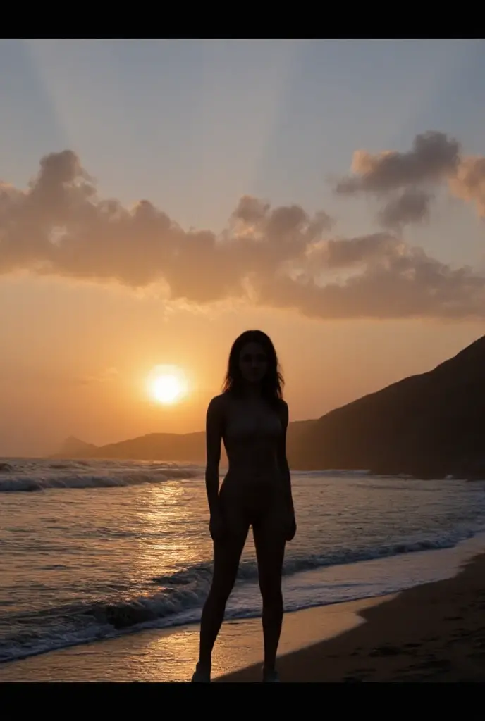 ((full body)), ((best quality)), ((masterpiece)), (detailed), perfect face and body of (((naked))) nun on a beach at sunset
