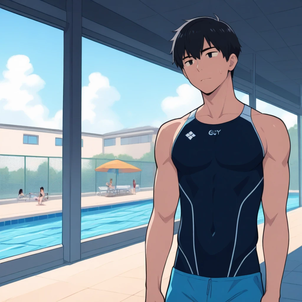 (masterpiece, highest quality, super detailed) , ,(two boys:1.8),), (pool:1.4), ) ,many men, , short hair, , (swimsuit:1.3), , , landscape, リアルなswimsuit, (anime:1.2), (swollen crotch:1.5), Topless, (shota:1.5) little boy, , standing posture, trunks, full body,