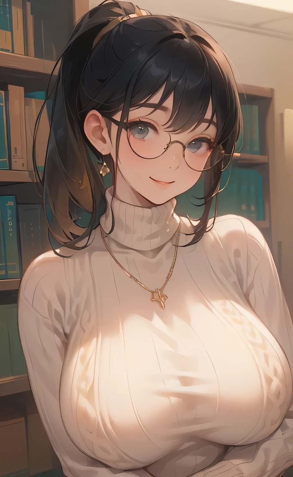 ((Big Breasts:1.6))、((( long ponytail upped:1.9、 Black Hair、Glasses、 gold necklace)))、((turtleneck white sweater:1.4))、((A cheerful expression:1.4))、 PORTRAIT、 Closeup 、 Libraries 、Wall of books 、masterpiece、Best Quality、 elaborate details 、 real、