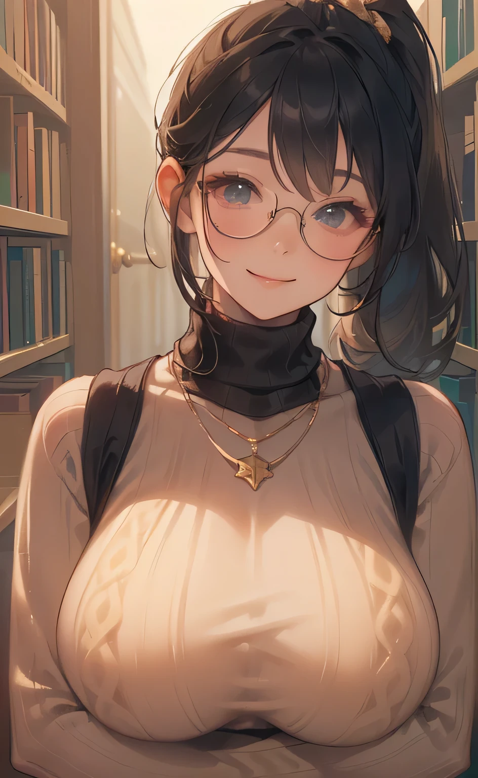 ((Big Breasts:1.6))、((( long ponytail upped:1.9、 Black Hair、Glasses、 gold necklace)))、((turtleneck white sweater:1.4))、((A cheerful expression:1.4))、 PORTRAIT、 Closeup 、 Libraries 、Wall of books 、masterpiece、Best Quality、 elaborate details 、 real、
