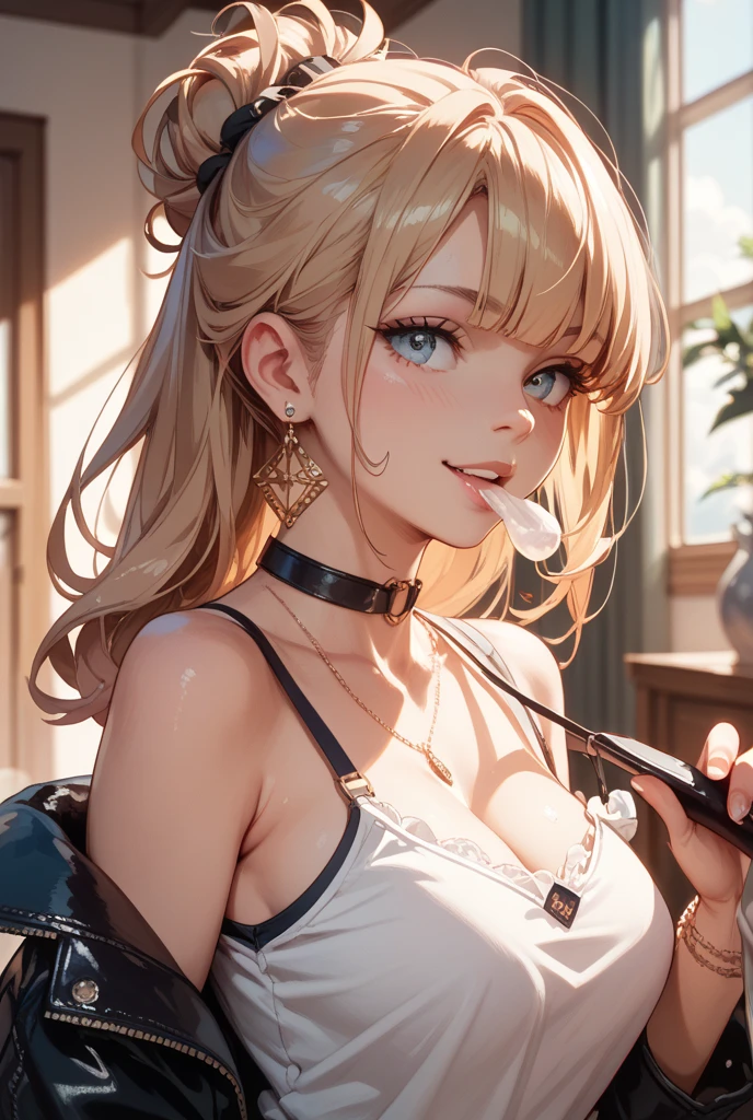 girl at a nightclub sitting at bar, eyeliner (masterpiece) (best quality) (detailed) (8k) (HDR) (wallpaper) (cinematic lighting) (sharp focus) (intricate) blonde hair, biting lip, medium hair, slutty outfit, sexy, blush, aroused, cleavage, shiny , wet skin, girl, dark makeup
