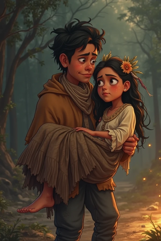 Man with black hair and green eyes carrying a girl with brown hair and green eyes