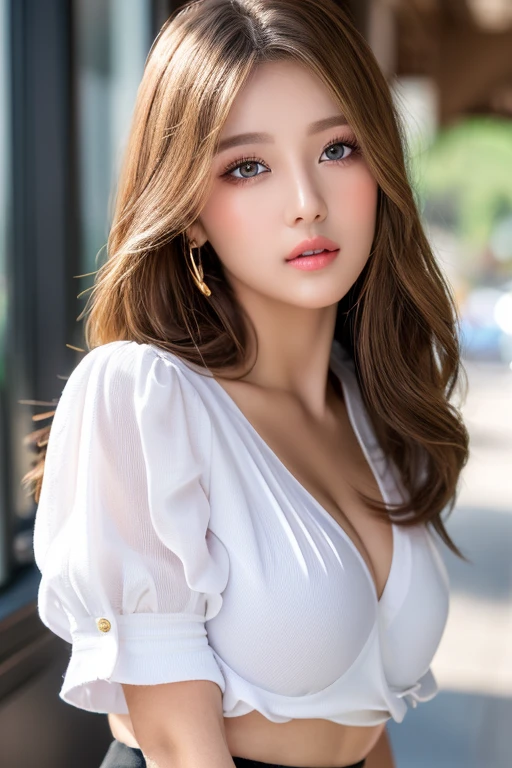 masterpiece, Best Quality, 8K, 20 yo, (Large breast:1.2), cuddly, Solo, happy face, Cute, Girly, Delicate girl, Neat and clean beauty,  Raw photo, Professional Photography, Portrait, Soft light, Professional Lighting, Back lighting, Upper body, Looking away, Sophisticated, Film grain, (Eyes and faces with detailed:1.0), short length floating hair , beautiful flowing hair, silk pink golden blouse, realistic face texture, pink golden lipstick, hot pose, deep forest field, front facing, hd image, lovely face, full body image, golden jinc pent, golden pink heel, blond golden pink hair,