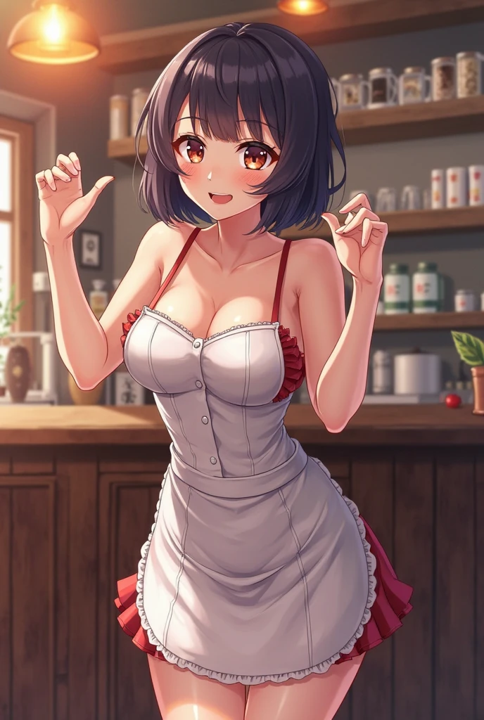 a sexy woman, thighhighs, naked apron, smile, cowboy shot, highly detailed, HD, 4K, Masterpiece, highres