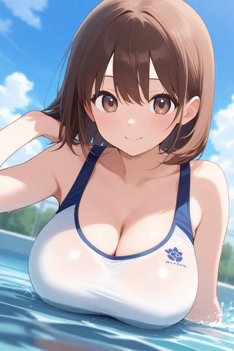(1 person),(Best image quality, 8k, masterpiece:1.3), Anatomically correct, ((Brown hair bob cut:1.1)),(Swept-apart bangs,), (Cute eyes, Dark Eyes), (Mole under right eye), (thin), (Large Breasts),(Glowing Skin:1.1),(Pale skin:1.2),(Fantasyな雰囲気),(look up),Ultra-high resolution, Textured skin, Sparkle Effect, Fantasy,Bright Eyes,
Black lace panties,Cheerleader,Braid, Ribbon on head, Wet body,Sweat,
Blue cheer uniform,mini skirt,belly button,Cleavage,Panty shot,
Eating a popsicle,On all fours,Saliva stringing,Duck mouth,
evening,School,Sunset, Close ~ eyes,