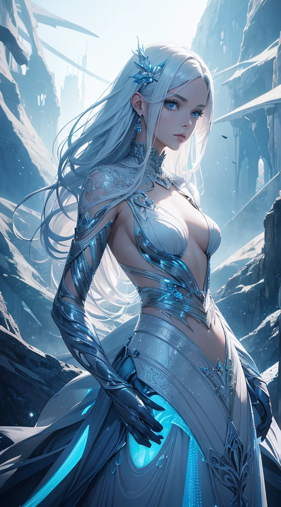 (rear view, backside view),(The best quality,A high resolution,Ultra - detailed,actual),The target,A world covered in silver,(ciborg mechanical plastic transparent :1.4) snow covered branches, winter chill touch, Snowflakes dance like elves, Turn the world into a silver fairy tale, chill, Calm and beautiful snow scene., Cozy Quiet, (seaArt 2.1), (background frozen white trees snow falling:1.4) , (beautiful blue eyes big stones black:1.4) , (cowboy pose ), (realistic) ,8K high quality detailed art, Fanart Mejor ArtStation, Fantasy art style, (transparent short black lolita miniskirt:1.4) , (mostrando panties white:1.4) ,(panties), stockings bra,  leggings white,Unreal Engine:1.4,UHD,The best quality:1.4, Photorealistic:1.4, skin texture:1.4, masterpiece:1.8, Epic Fantasy Art Style HD, 4K fantasy art, epic fantasy digital art style, epic fantasy art style, Fantasy Woman, epic fantasy art portrait, Epic fantasy style, hyperrealistic fantasy art, hd fantasy art, Epic fantasy character art, epic fantasy art, in style of dark fantasy art, epic fantasy digital art, (face detailed :1.4), (anatomía perfecta detallado :1.4), (ojos hermosos azules detailed :1.4), (pose vaquero :1.4), More detailed 8K.motor irreal:1.4,UHD,La mejor calidad:1.4, fotorrealista:1.4, textura de la piel:1.4, obra maestra:1.8,obra-prima, mejor calidad,objeto Objeto], (detailed face features:1.3),(Las proporciones correctas),(Ojos hermosos azules),  (pose vaquero), (no mutaciones), (cyborg white plastic transparent mechanical :1.4), Mechanical vertebrae attached to the back, mechanical cervical attachment to the neck, alambres y cables que se conectan a la cabeza, Evangelion, small bright LED lamps