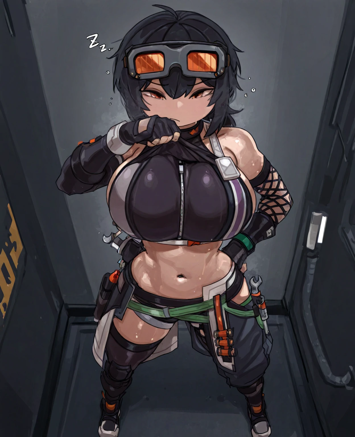 _asura style, 1girl, horns, solo, breasts, black_hair, gloves, long_hair, green_eyes, black_gloves, mask, fingerless_gloves, navel, swimsuit, looking_at_viewer, bikini, hair_over_one_eye, blurry, blurry_background, asymmetrical_gloves, bikini_top_only, holding, goggles, black_bikini, respirator, large_breasts, gas_mask, pants, belt, cowboy_shot, underboob