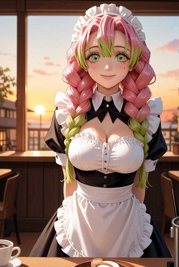 (masterpiece:1.2), (best quality), (beautiful detailed light:1.3), cinematic light, intricate details, hyper detail, (multicolored eyes:1.5), (beautiful_detailed_eyes:1.4), (disheveled hair:1.3), (glow_white_particles:1.3), (hair_flows_upside:1.2), (1girl), (solo:1.3), (gradiant hair:1.5), (multicolored hair:1.5), (pink_hair:1.5), (sky_blue_hair:1.3), (light_purple_hair:1.3), (light_green_hair:1.3), (yellow_hair:1.3), (gray_hair:1.3), long_hair, curly hair, huge_breast, (maid_clothes:1.5), (maid_headdress:1.2), (maid_apron:1.2), (open clavicle aprons:1.2), standing, (in cafe:1.5), looking_at_viewer, (smile:1.3), (upper_body:1.3), (from above), (eyes_focus:1.2), (sweat:1.3), (closed-up:1.5)
