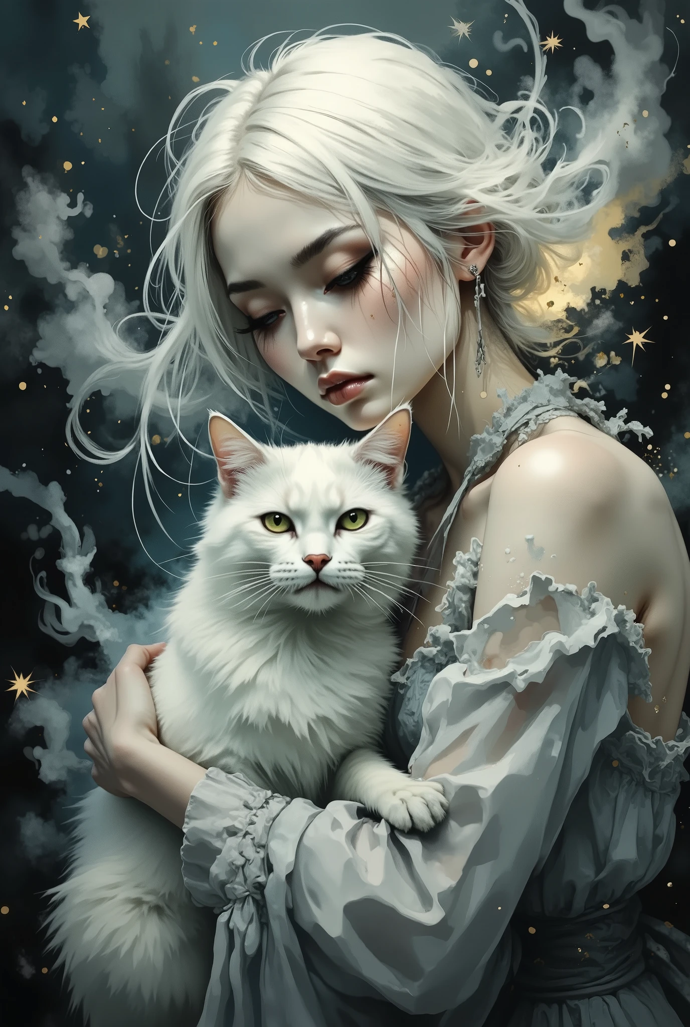 A young woman with white hair hugging a white cat. Pale skin, light green expressive eyes, light makeup and a melancholic expression. The middle plan. The woman's gaze is slightly lowered, creating a mysterious aura. Thick snow-white hair cascades down, fluttering in the wind. The cat's coat is smooth and shiny, white in color, with bright golden-yellow eyes. Both the woman and the cat are decorated with shiny particles resembling stars or dust. The image is dominated by soft, muted colors of a cool palette, including deep blue, dark gray and warm golden shades. A dreamy and evocative atmosphere is created when thin clouds of light gray and white smoke or fog swirl around the subject. The bokeh effect created by out-of-focus light sources increases the depth of field and gives the image a dreamy, ethereal look. The image is imbued with the spirit of fantasy, fabulous atmosphere and Gothic charm. In the center of the composition is a woman and a cat, with a soft accent in the background. The lighting is soft and diffused, with a gentle glow highlighting the subject's facial features. The style of work is akin to digital painting or graphics, with an emphasis on rich texture and emotional details. It seems that the object is immersed in contemplation. The overall mood is somber and thoughtful, but at the same time serene and mesmerizing. High contrast between dark objects and light backgrounds. The rendering technique and style elements resemble a combination of fantasy art and portrait painting.