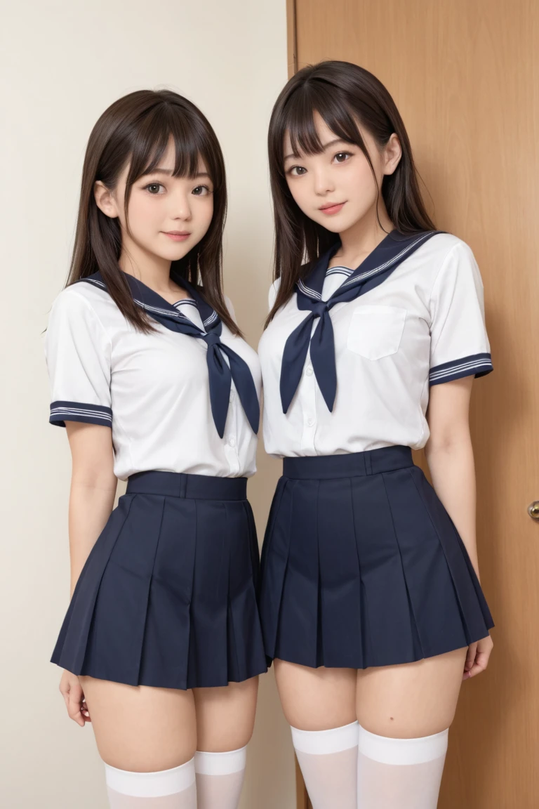 2 girls sitting with knees up on desk in wooden school classroom,sailor shirt,navy blue pleated skirt,white thong,18-year-old,bangs,a little smile,thighs,knees,short hair with low pigtails,from below,front light