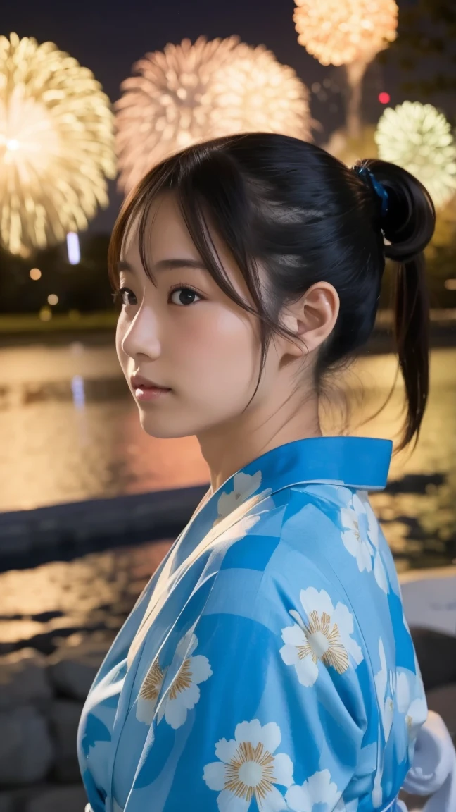 Highest quality, The finer details, (Beautiful One Woman))), Highly detailed eyes and face, firework, yukata, looking up at firework, ponytail, Large tear bags, double eyelid