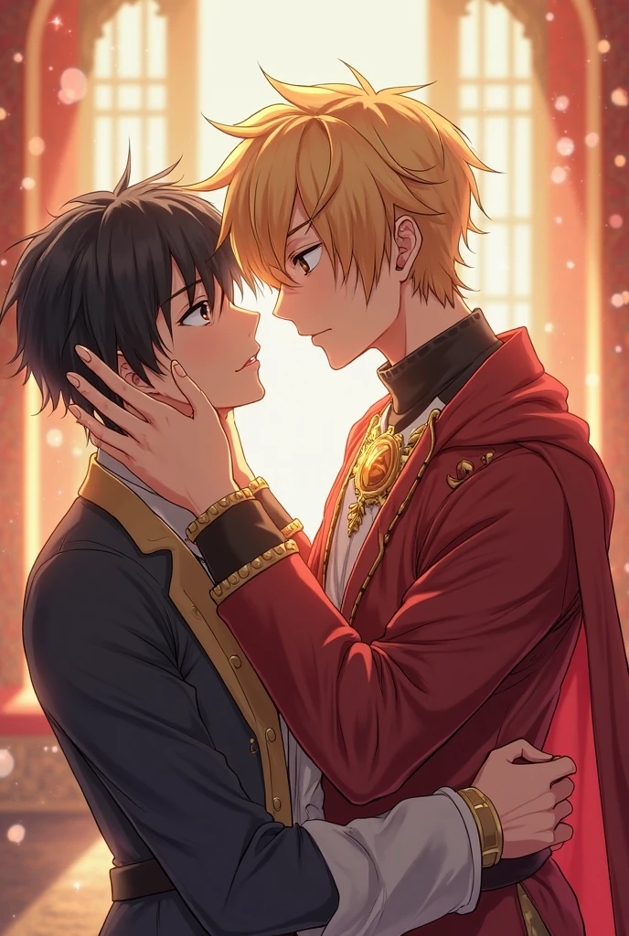  Anime animation A wizard is more culino and gay in a kingdom that is black-haired with a white-painted lock, his slanted eyes, his androgynous body, his king intimidates him against the wall very flirtatious giving him kisses and caresses that the wizard reacts with pleasure, the king is blond and handsome with luxurious clothing