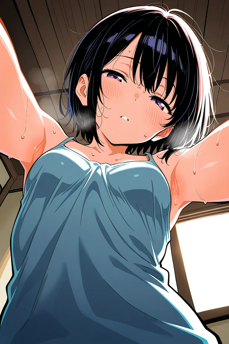 (masterpiece), (best quality), (ultra-detailed), very aesthetic, illustration, perfect composition, intricate details, absurdres, detailed face, (intricate),1girl, (kirigaya suguha, sword art online, green eyes, black hair, medium breasts), (shy, blash,embarrassed), (narrowed eyes), (glowing eyes:1.2), bathtowel, glare, bathroom, perfect face, 4k, extremely detailed anime illustration,, enhanced details,cowboy shot,perfect anatomy,smooth skin, (gray background), cristal clear eyes, beautiful face,(anime style:1.5), (highres),