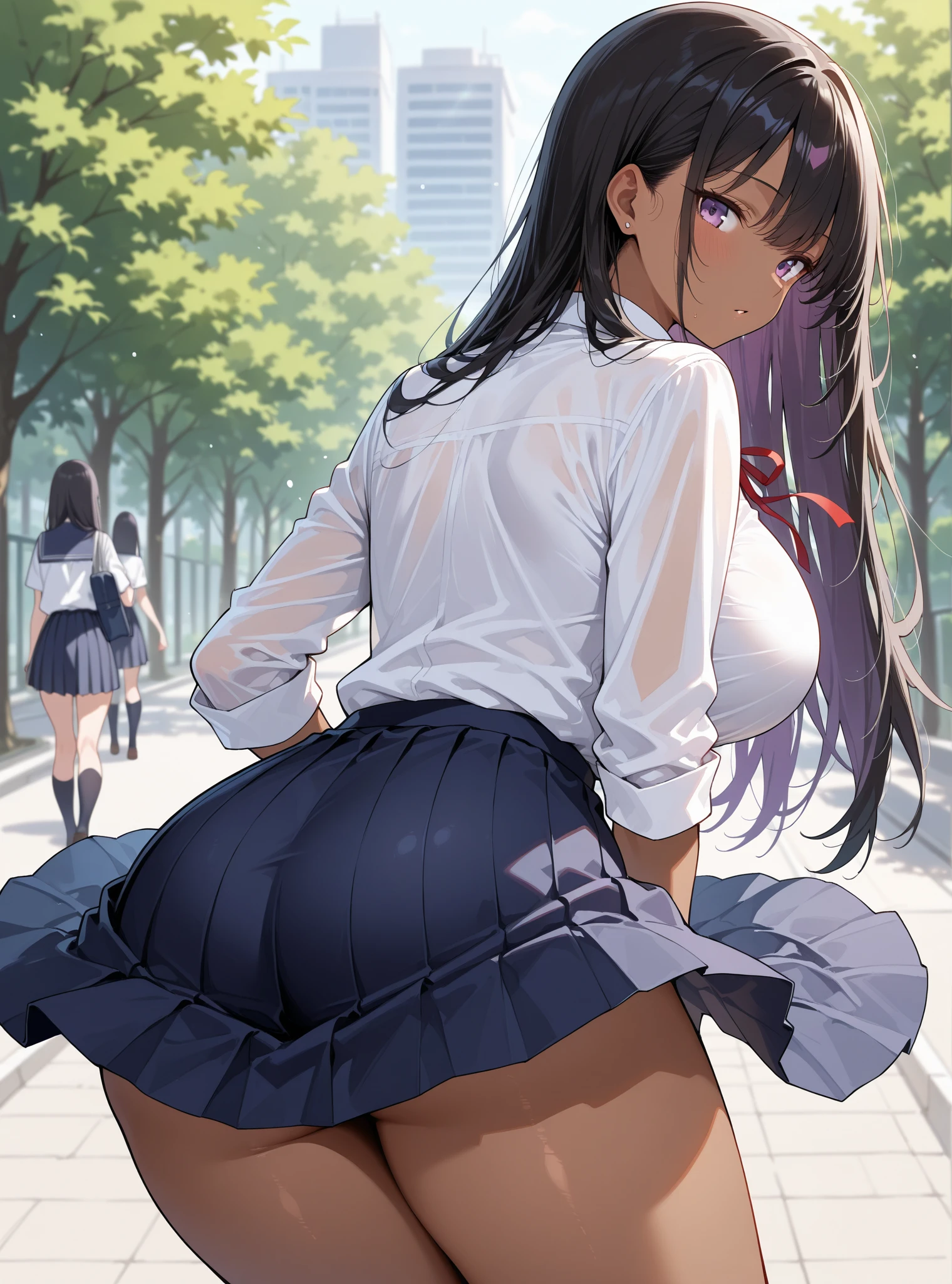Highest quality,masterpiece,8K,1girl,((,big breasts,litt)),((orgasm,blush,:1.3)),((long hair,low twintails)),hair ribbon,sweat,Shiranui Mizuki,((school uniform,white shirt,black skirt,Miniskirt,lift skirt,upskirt,black panties,lace panties)),black thighhighs,forest,forest林,((((walking)))),((from behind:1.1))