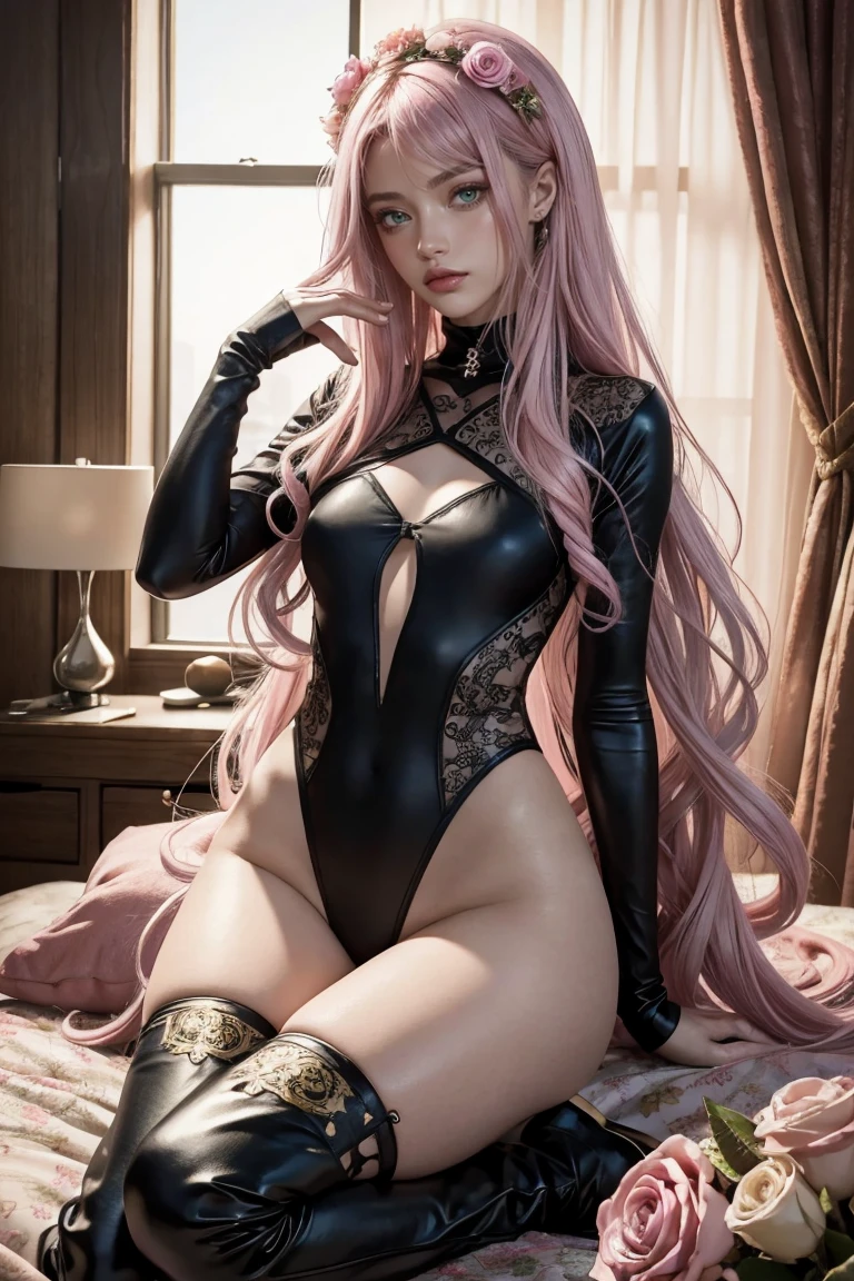 ((highest quality)), ((masterpiece)), (extremely detailed), kukolnydom, doll, mature woman, solo, full body, dynamic pose, green eyes, looking at another, blank eyes, seductive smile, pink hair, long hair, hairband, blunt bang, blue leotard, classroom, 8k