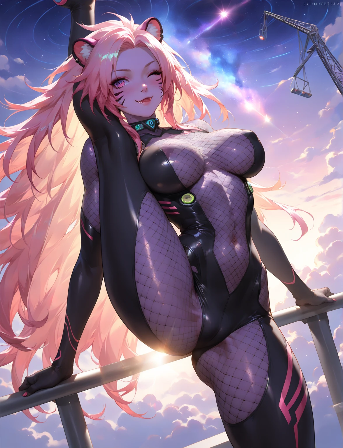 Anime, anime 3D, Rosto detalhado, perfeita, altamente detalhada, sem luz do sol, pelada, Yellow gradient colored hair with pink and blue mexas naked whole body, cintura fina, Cabelo longo ondulado, olhos azuis, sentada na cama, with collar around the neck, orelhas pontudas, seios grandes, Estilo cyber punk, dark, nebula, water rising up her thighs, fones de ouvido