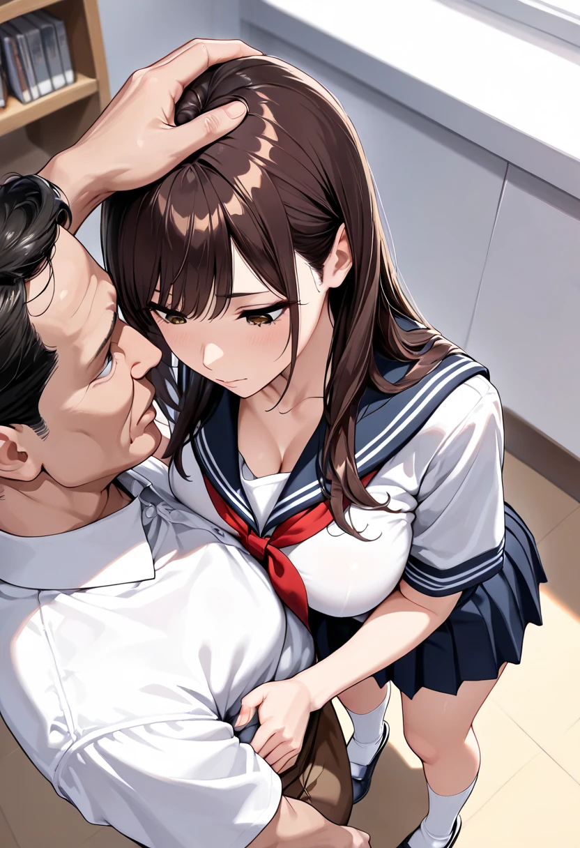 ((spitroast, 1girl, 2boys, group sex, penis, oral)),(anime style)、((masterpiece、side lighting、細かく詳細なbeautiful目: 1.2))、Super detailed、ultra high resolution、professional lighting、high quality makeup、beautiful詳細な目、sexy、beautiful、Big eyes、Amagi Brilliant Park, sento isuzu, brown eyes, brown hair, long hair, ponytail, hair between eyes, hair intake, side lock, antenna hair, hair ribbon, white ribbon、smile、(Look at the viewer、blush、Sukusui、eye light、