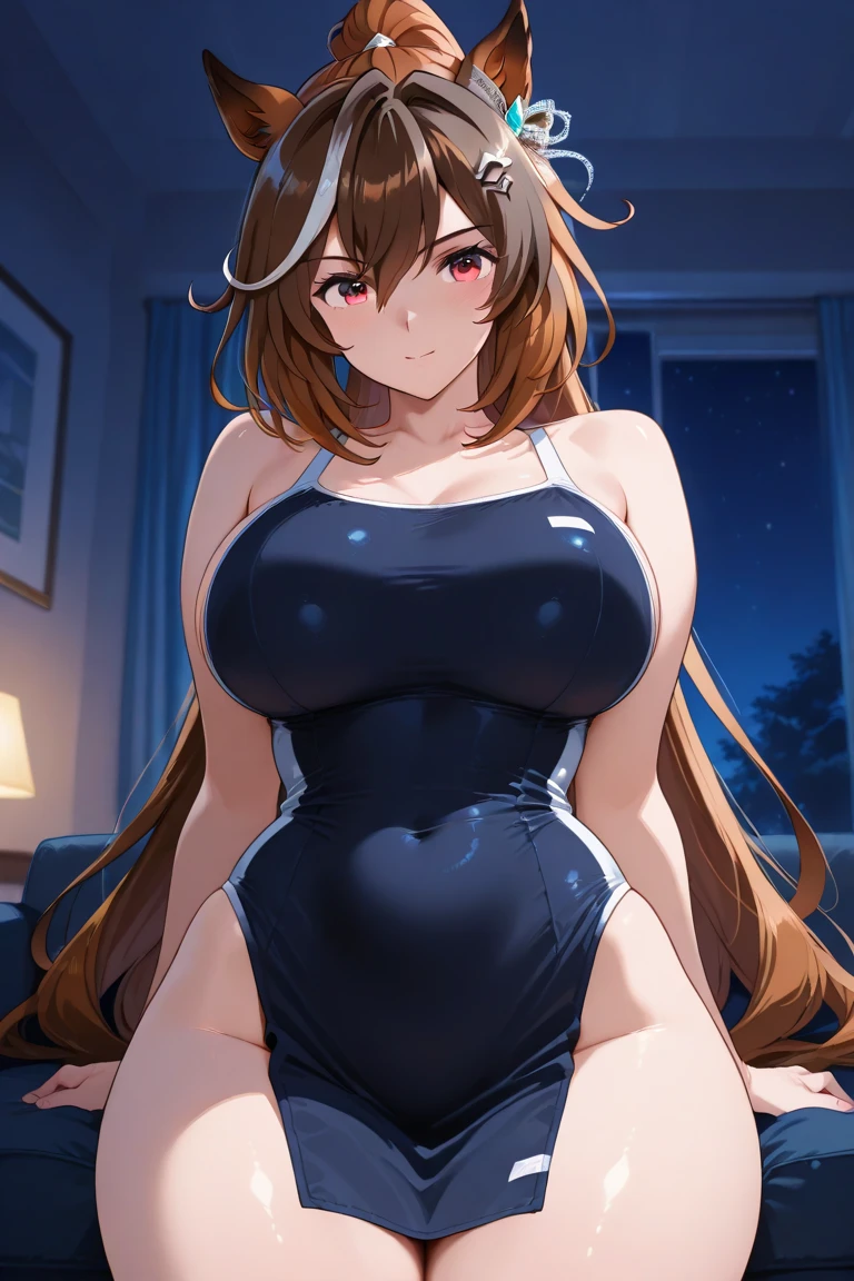 nitta minami,1girl, one-piece swimsuit, ((old school swimsuit)), (cameltoe), brown hair, solo,nervous, covered navel,, looking at viewer,, breasts, brown eyes, long hair,bedroom, blush, bangs, collarbone,looking at viewer,nitta minami,closed mouth,((blush)),,bed,((Sitting with Knees Up on bed)), ((spread legs))