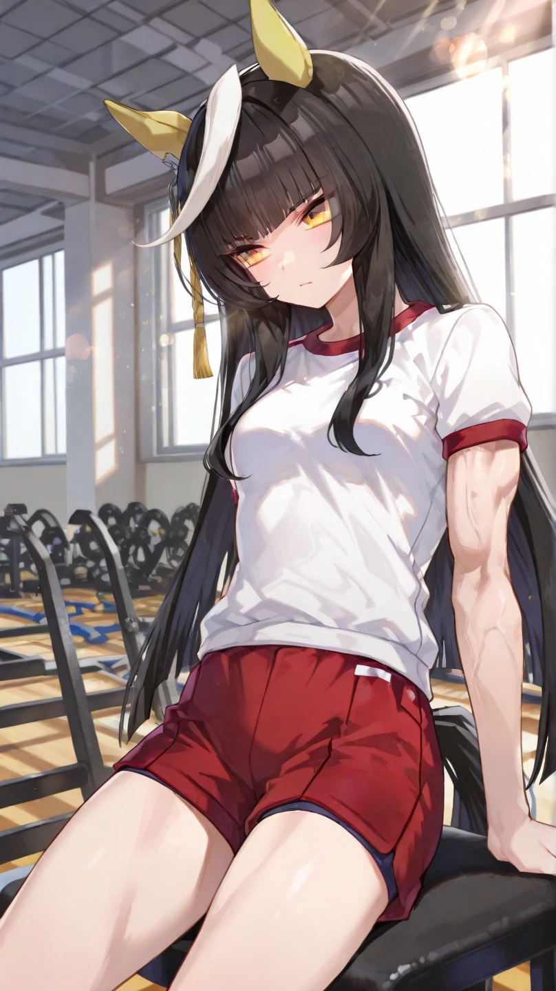 ((mejor calidad)), ((Obra maestra)), (detallado), cara perfecta, Joven de cabello negro largo y lacio, ojos rojos, pale skin, asian factions, 19 years, esbelta, busto mediano, bonitas curvas, estilo anime, elegante, only character in the image, red eyes, waiting for you, cute face, sexy, sutil nipple, gym clothes, gym background, sexy clothes, wet clothes, making exercise, long hair, black shorts, white top,  tired, liying in the floor