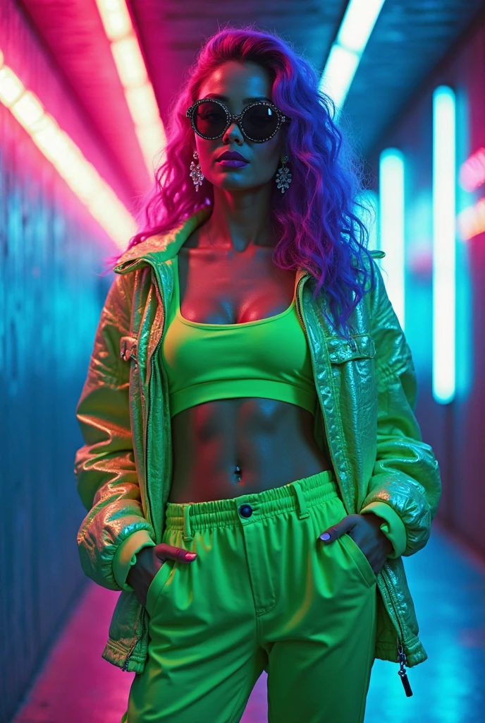 the best quality, Masterpiece artwork, cinematic lighting, intrikate, Fundo realisitic cinematográfico detalhado, face detailed, complete body, Breasts huge, realisitic, clear line, , , 1 girl running, urban landscape, natta, tied - up shirt, gazing at viewer, tatoo, model posing, open cardigan, yellow eyes with rings, Street lighting, Street lighting, yoga pants, divided colored hair, eye glass,, ,