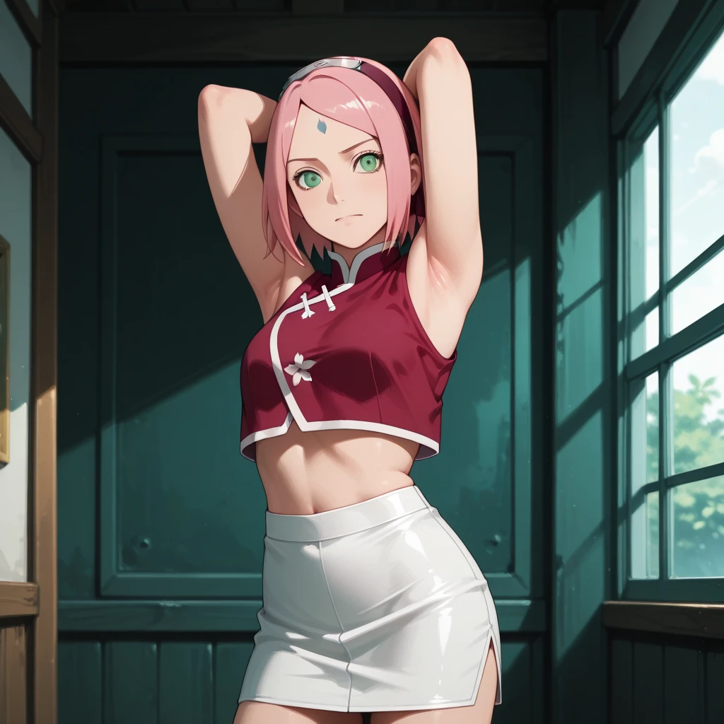 ((Masterpiece: 1.2)), ((high quality)), ((detail)), 1girl, solo, perfect face, pefect body, perfect anatomy, pretty girl, cute girl, sakura haruno, short hair, green eyes, pink hair color, red Qipao, long dress, long dress slit, bare bottom, no panty, hanging up ass, pussy visible from behind, black stockings, high sock knee, black sock, realistic, reality, high quality image, ultra detail, 8k