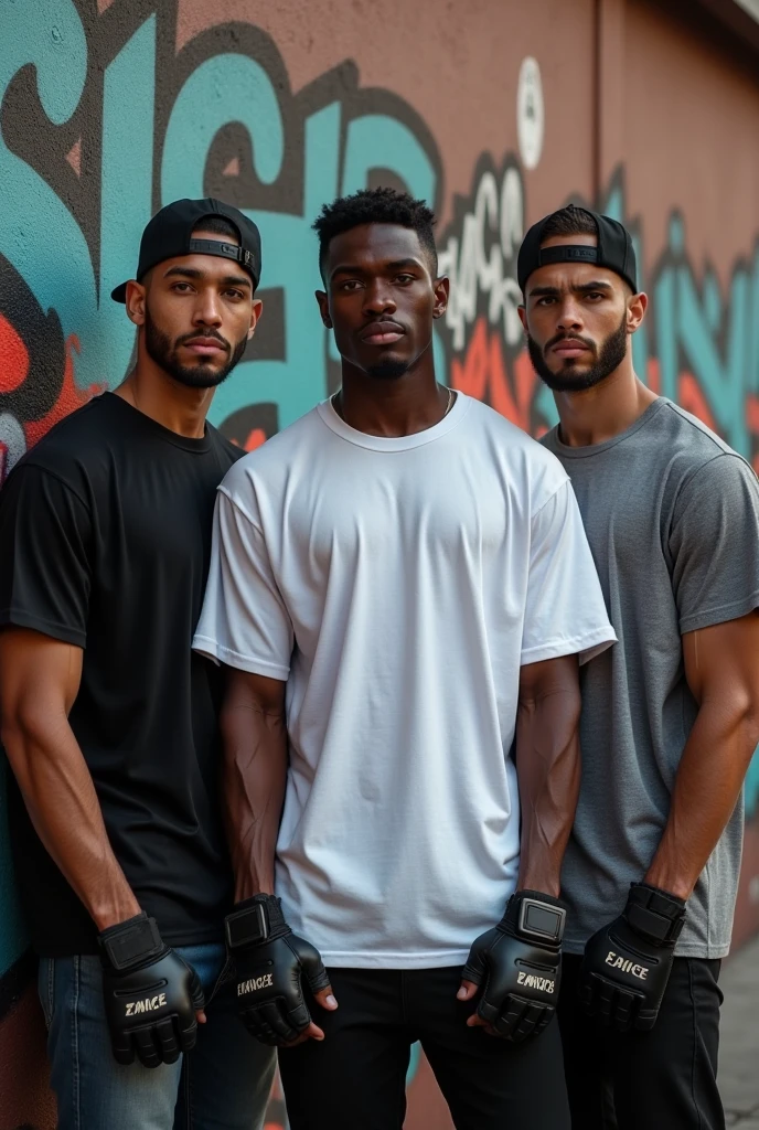 4 jacked gym bros 2 of the gym bros must be Nepalese one must be lightskind and one must be Ethiopian flexing with words gym bros at the bottom and top