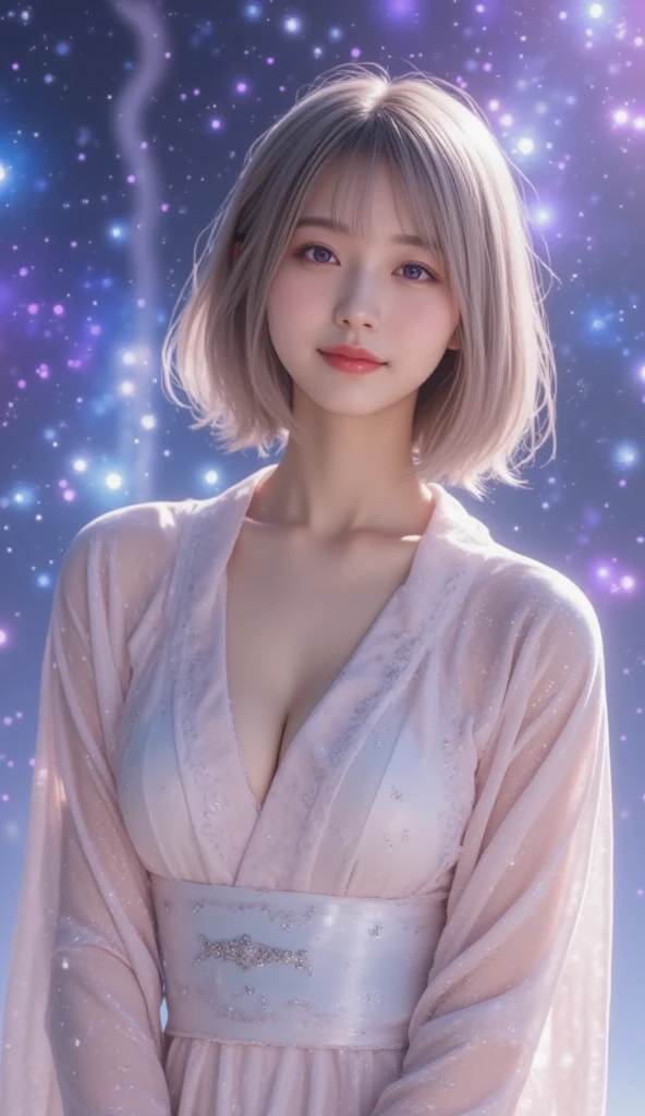 15 year old girl, short white hair, Very curly, Skinny body, small bust, naked, With a blanket, lying down, two hands, shows her legs, sitting on a hill at night, very starry sky, few trees, flowers illuminating, she very pretty.