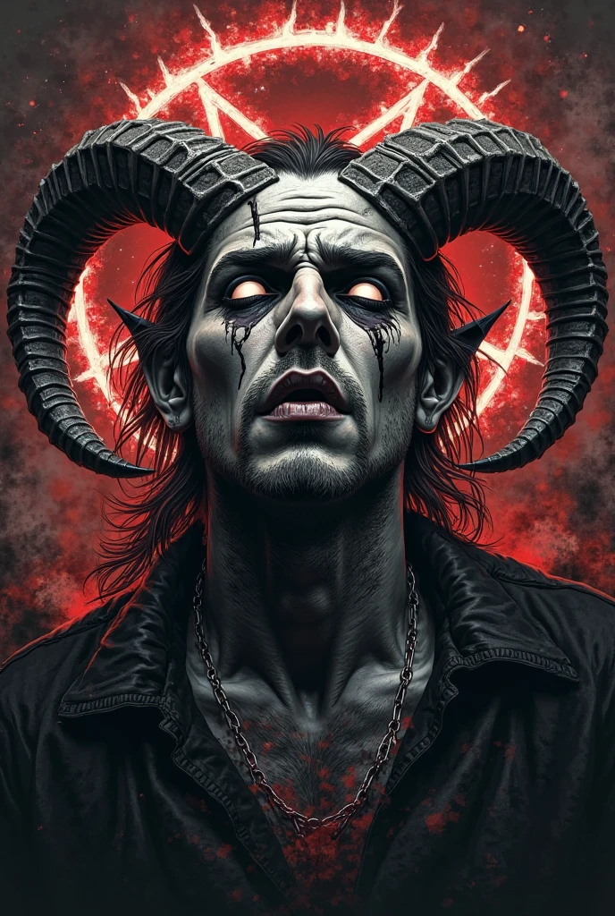 a weak, old and sick elf
In hell with red fire and evil sign background
With a big and thick blue Star of David necklace
With many evil tattoos on arms and legs
The number 666 is written in blood on his stomach
with horns
With sharp teeth
with long and sharp ears
With a devilish laugh
With angry face
With bloody body
A hand came forward
The snake is wrapped around the waist
With a weak, skinny and
and a bent back