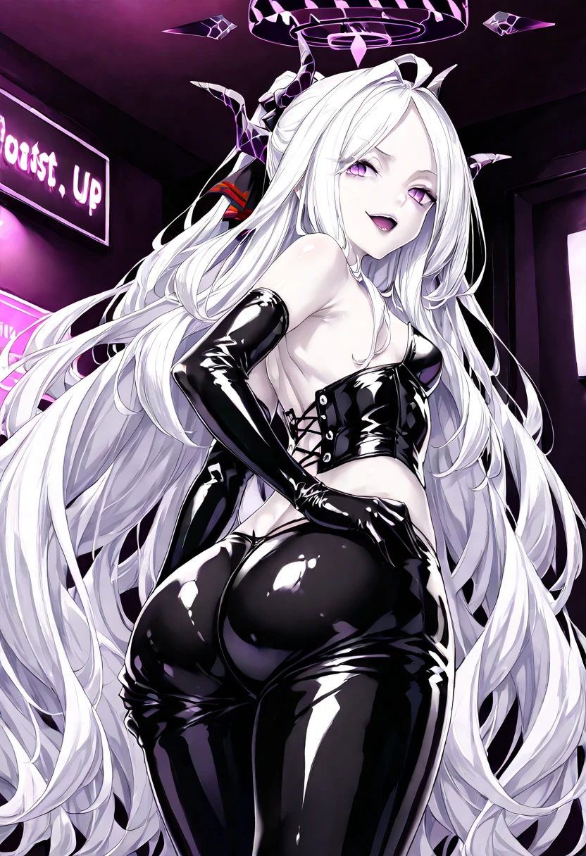 mean girl, SOLO, Nightclub, Earrings, Half-removed leather jacket, Black rubber shorts, Dark Skin, multicolored hair, messy hair, hairband, snake hair ornament，Large rose tattoo, afro，evil smile, Sit at the bar, Spread legs，anime style, reflection light, depth of field, UHD, textured skin, super detail, anatomically correct, masterpiece, 16k, best quality
