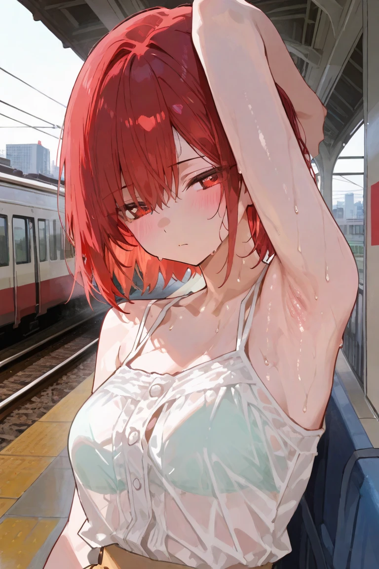 realistically, longhair, brown eyes, glowing eyes, white short skirt, Blush, daytime, Wet from the rain, see through, sleeveless shirt, nipples, Spread your legs, pussy, crotch, open skirt, smile, Sit with your knees raised., windy, ruby, M Leg,