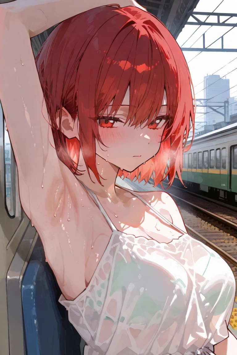 Masterpiece, best quality, very detailed, Ultra high resolution, (photorealistic:1.4), raw photos, (realistic:0.2), 1 girl, alone, short hair,,8k hdr, 1 girl,red hair, shy , medium-large breast, bright eyes, , medium-small breasts,,(Mesh series) ,Take the train