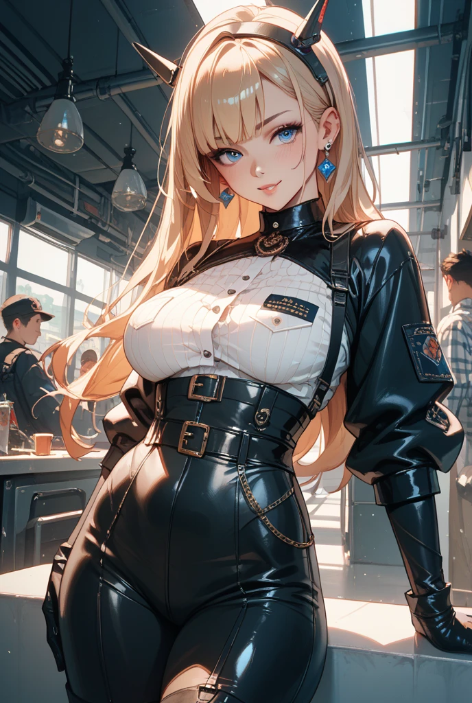 blonde hair, long hair, ponytail, blue eyes, black and white striped jumpsuit, prison uniform, prisoner, prisoned, jailed, jail cell, huge breasts, handcuffed, chained