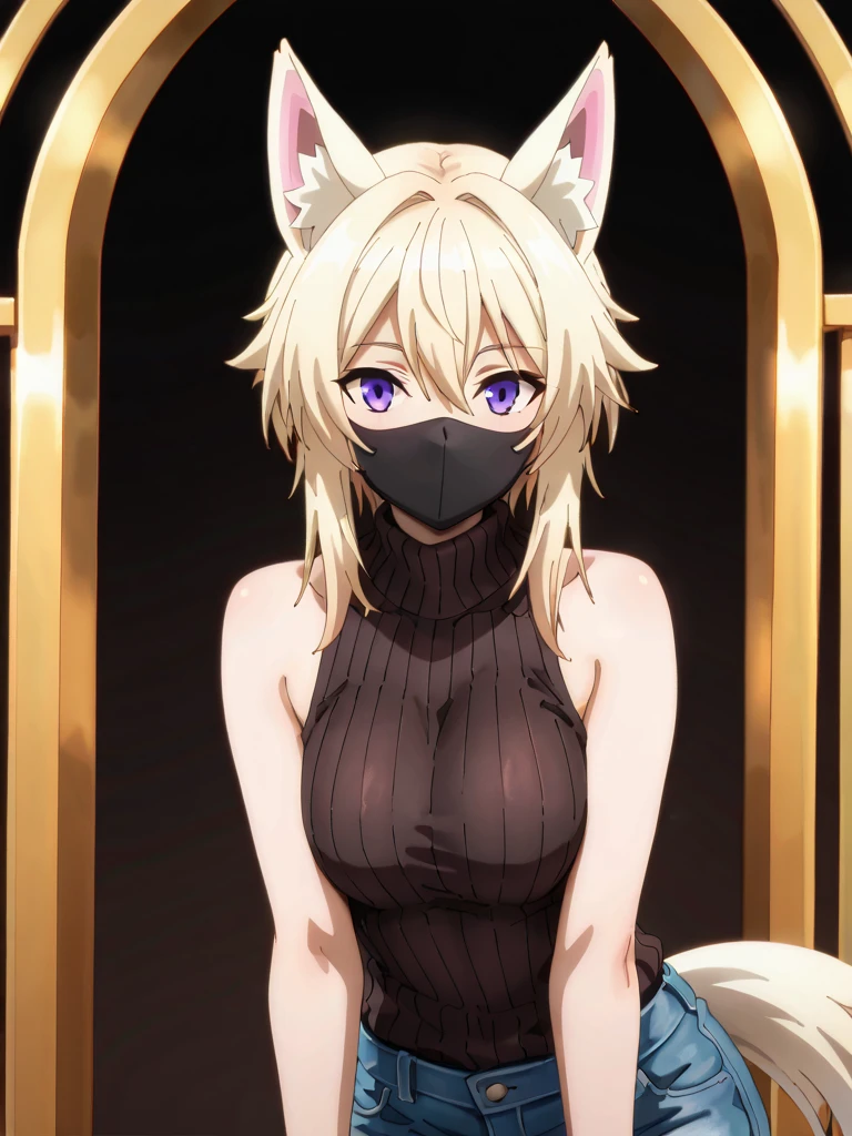 NSFW,masterpiece,Highest quality,High resolution,Very detailed,Zeta\(I want to be a powerful figure behind the scenes!\),Zeta,Animal ears、Purple Eyes、Blonde,short hair,gloves、Cleavage、tail、黒いgloves、Clothing cutouts、Cleavageの切り抜き,Handcuffed,Glare,Angry face,blush,prison,Jail
