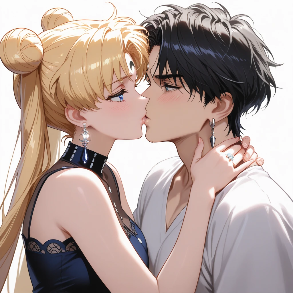 (best quality, high resolution), 1 man 1 woman, having sex on a table, fucking, woman with her knee bent, skirt raised, sexual missionary position, I watch from the side, detailed facial expressions, intense gaze of the man, hug passionate, man with short black hair, blue eyes, wearing a black sweater and jeans, similar to Darien Chiba, woman with long blonde hair, buns, light skin, blue eyes, dressed in a low-cut suit, similar to Serena Tsukino, sensual atmosphere, soft lighting, artistic representation, vibrant colors. high quality and resolution image, from the Sailor Moon anime