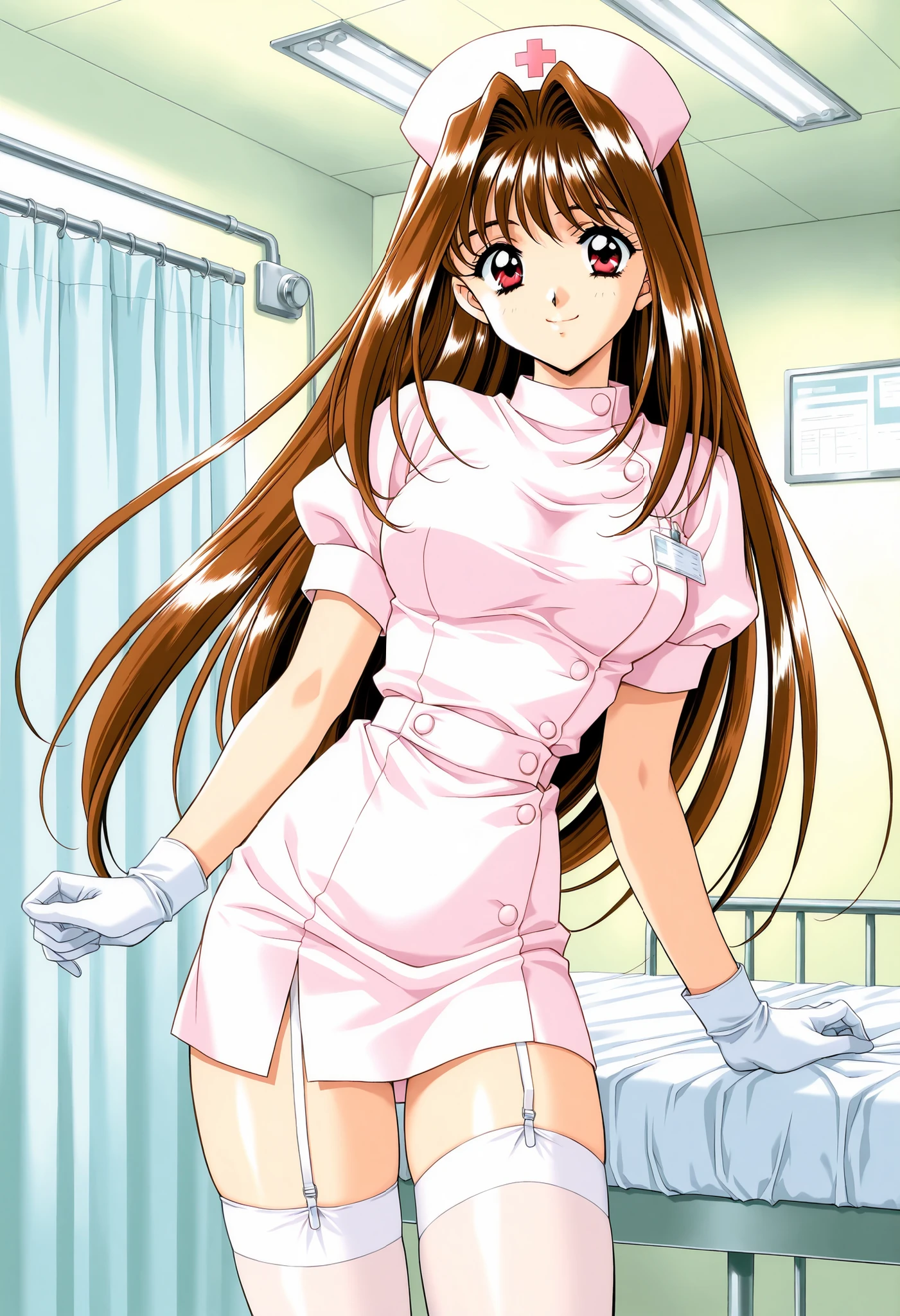 Score_9, score_8_up, score_7_up, source_anime, YuukiMizuho, 1girl, solo, long hair, brown hair, white hairband, red eyes, breasts, 1990s (style), kadoi aya style, (best quality), (high quality), {masterpiece}, extremely delicate and beautiful, ultra-detailed, beautiful detailed eyes, nurse, nurse hat, ((white nurse's outfit)), white gloves, white thighhighs, hospital room, smile, closed mouth, standing