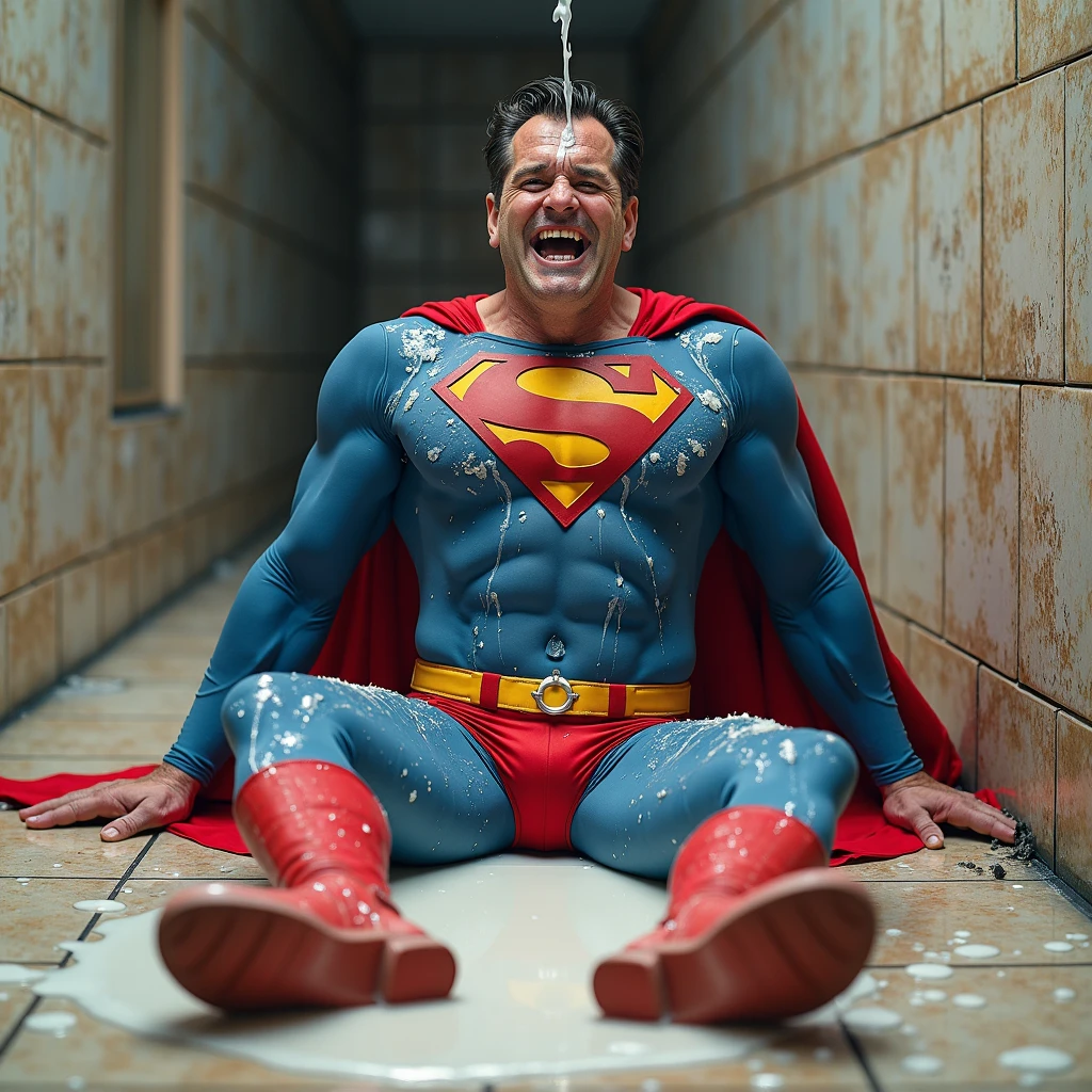 In a cave prison, Superman is imprisoned for a long time and is starving, his ribs are visible, he is naked and stained with muddy water and his underwear is dirty, he has a hairy body, long hair, a long beard, brown teeth, yellowed white briefs, a Superman mark on his chest, and he is reaching out his hand through the iron bars, asking for help. High quality photo