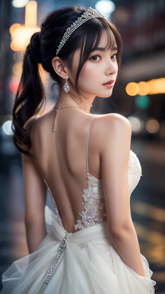 , ((addielyn)), random posture, (very delicate and beautiful work), (masterpiece), one girl, very detailed elegant wedding dress, tiara, highly detailed, distorted ponytail, attractive look, beautiful clear eyes, green pupils, delicate necklace, delicate earrings, simple blurred background, extreme detail depiction, beautiful, attractive, ultra-fine picture, Delicate face, delicate figure, thin collarbone, beautiful lips, soft back, mix4, (8k, RAW photo, top quality, masterpiece: 1.2), (realistic, photorealistic: 1.37), one girl, cute, cityscape, night, rain, wet, professional lighting, photon mapping, radiosity, physically based rendering, above the waist,