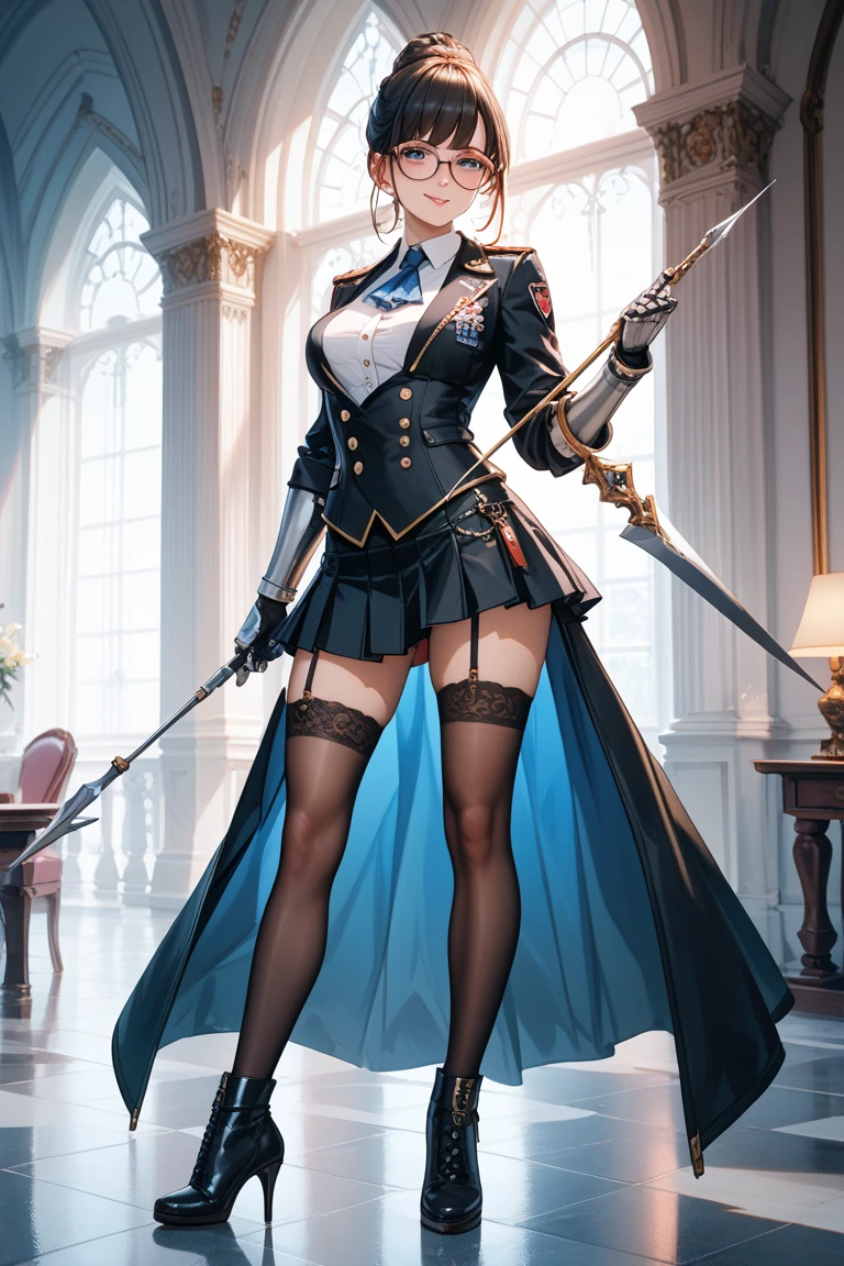score_9, score_8_up, score_7_up, score_6_up, score_5_up, score_4_up, uncensored, masoqmaki, 1girl, burn scar, muscular female, short hair, black hair, round eyewear, glasses, green eyes, BREAK (masterpiece:1.2), best quality, high resolution, (detailed eyes:1.3), perfect lighting, (perfect hands, perfect anatomy), narrow waist, 1girl, weapon, sword, thighhighs, solo, blue_eyes, breasts, full_body, ponytail, bangs, jewelry, standing, dress, holding_weapon, gloves, holding, short_dress, looking_at_viewer, earrings, long_hair, closed_mouth, cleavage, white_legwear, blue fire,