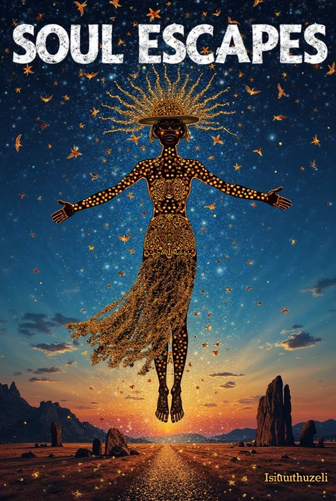 side angle view of a full body sculpture of a black woman made out of black and gold marble, sculpture on top of a mountain overlooking a large vegetational forest, night time, stars reflecting a bioluminescent light on the sculpture creating beautifully creating a cinematic visual masterpiece