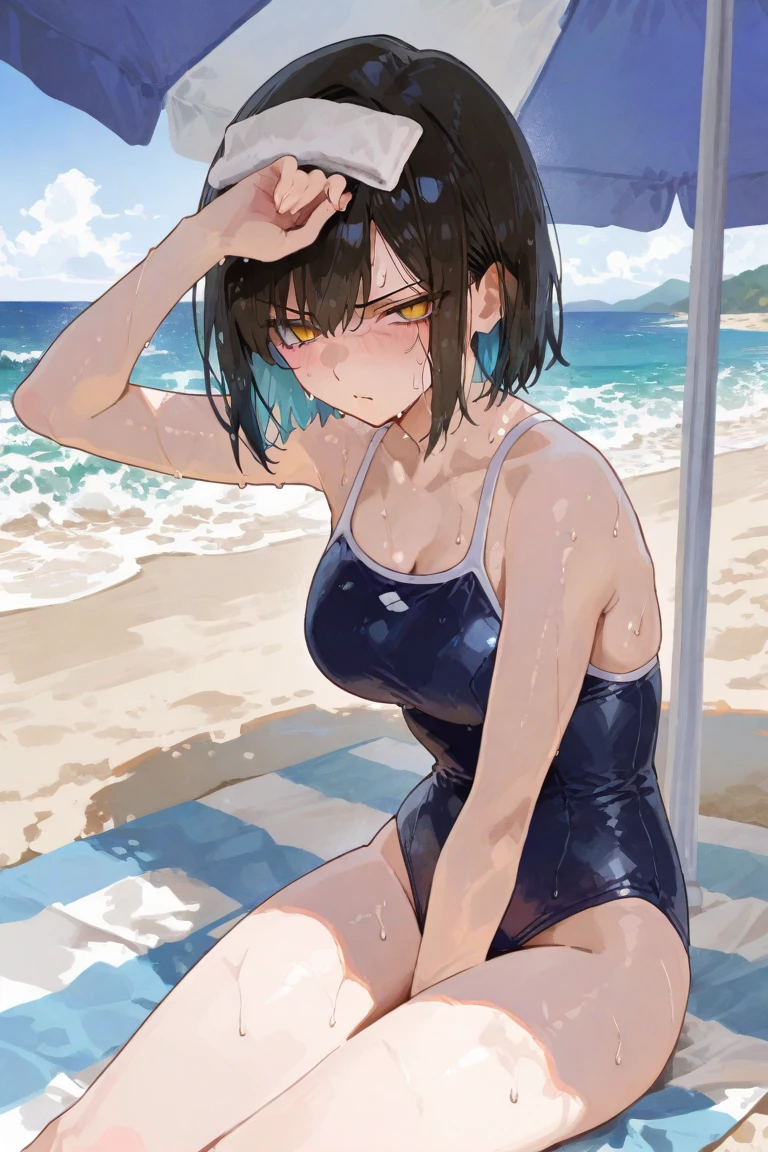 1girl,black eye patch, right eye covering, short hair, blue eyes, short black,black eye patch, 1girl, himeno (chainsaw man), masterpiece, best quality, high resolution, , eye patch, chest, cowboy shot, outdoor, bikini, spread legs, squatting,background sea,HMN1,sea,micro bikini,from behind,back shot