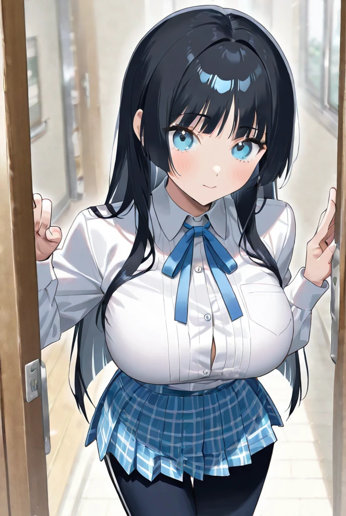 A teenage girl，cute big breasts，Poor milk，black color hair，Wearing a light blue bow on her head，Blue pupil，cropped shoulderandeau，A light blue bow tied on the chest，pastel blue dress，Light blue skirt，piles of sleeves，White knee-length socks，White leg ringow tied on thigh